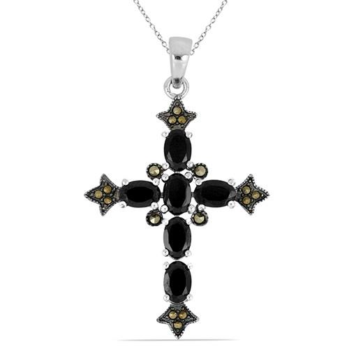 BUY 925 STERLING SILVER REAL BLACK ONYX GEMSTONE CROSS PENDANT